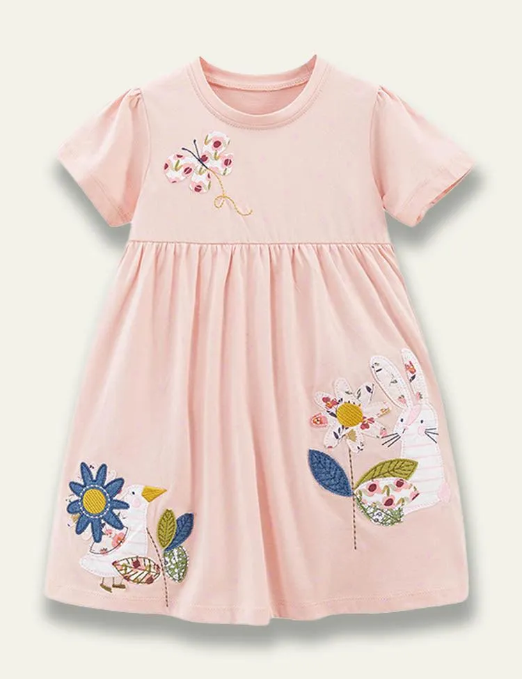 Animal Flower Appliqué Short Sleeve Dress
