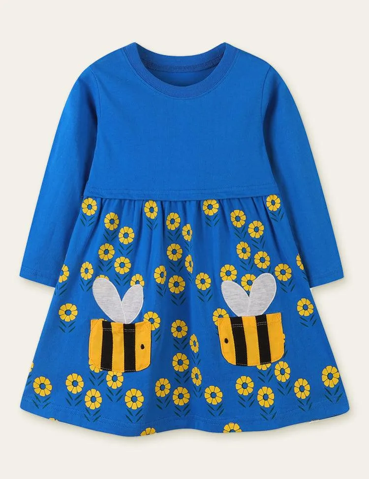 Bee Pocket Flower Printed Long Sleeve Dress