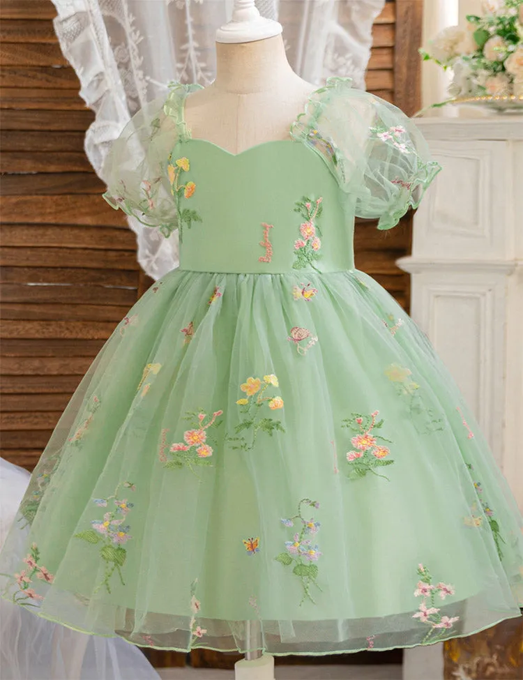 Bubble Sleeve Flower Embroidery Tulle Party Dress - Image 4