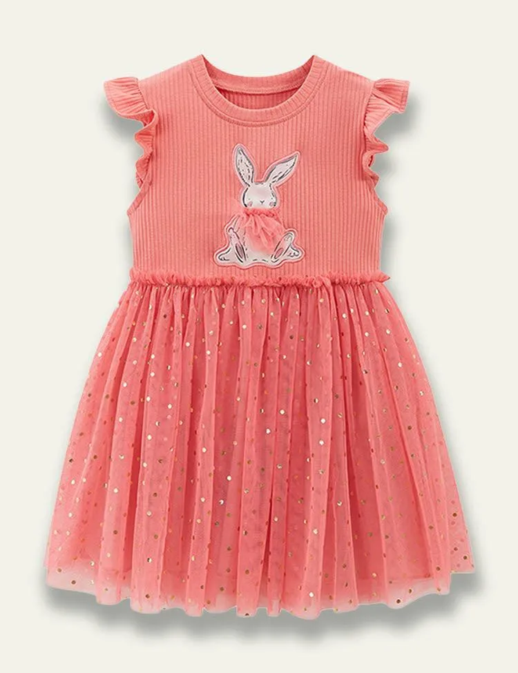 Cartoon Rabbit Appliqué Tulle Dress