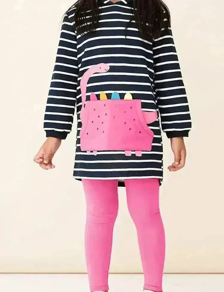 Cute Dinosaur Appliqué Hooded Striped Sweatshirt Set - Image 3