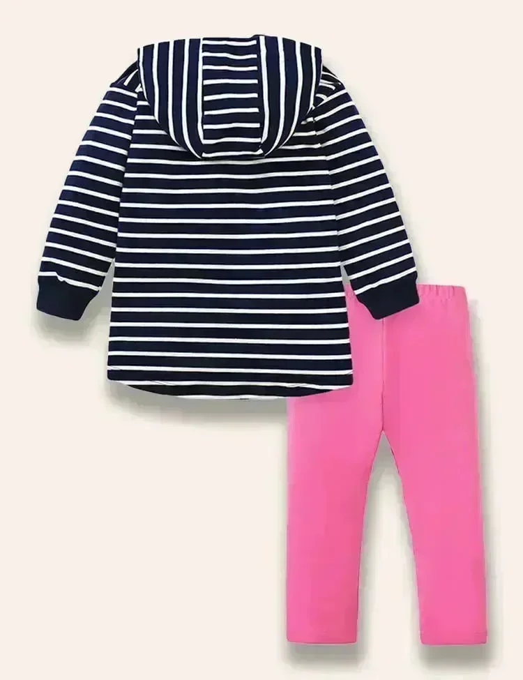Cute Dinosaur Appliqué Hooded Striped Sweatshirt Set - Image 4