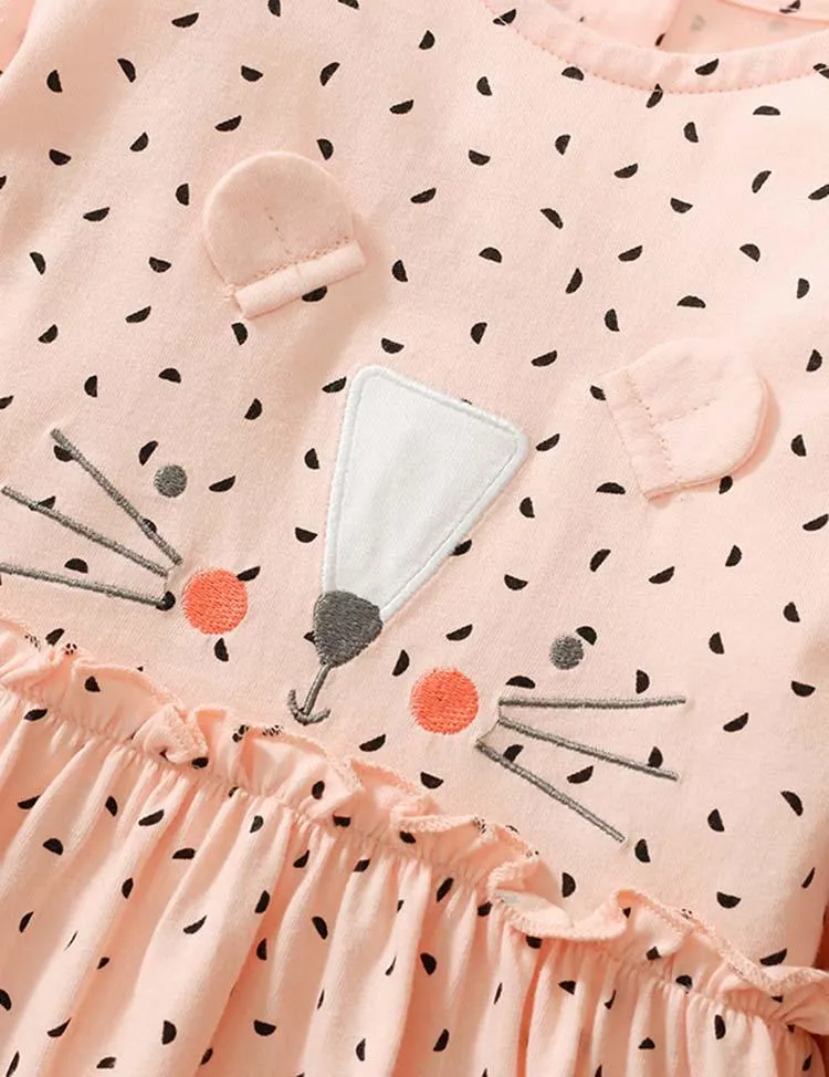Cute Kitten Embroidered Polka Dot Long Sleeve Dress - Image 2