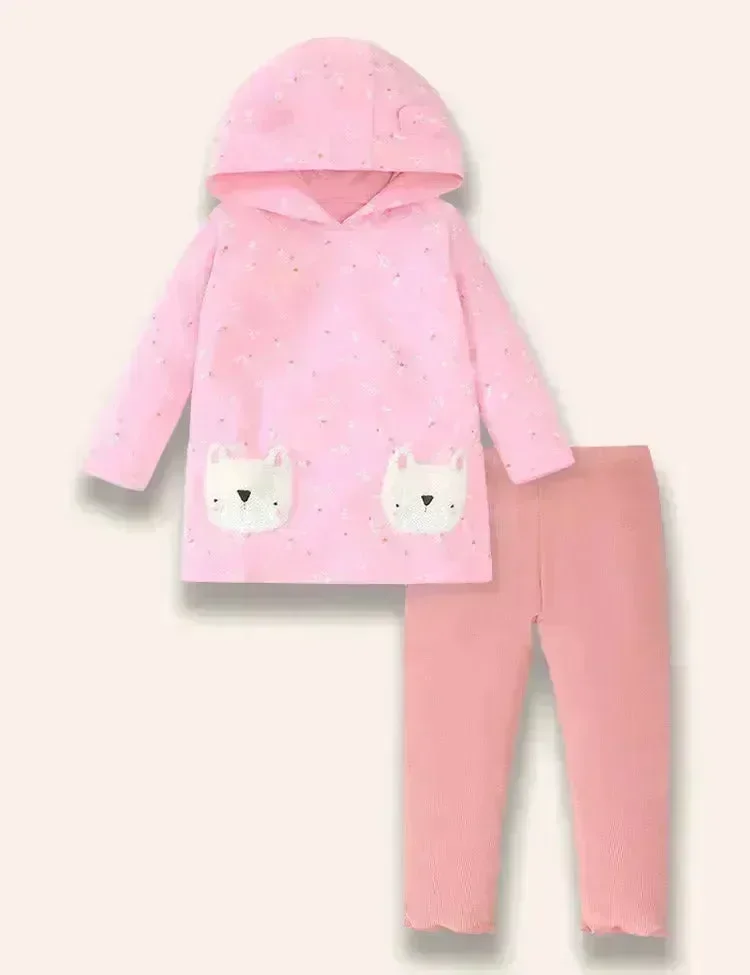Cute Puppy Appliqué Hooded Long Sleeve T-Shirt Set