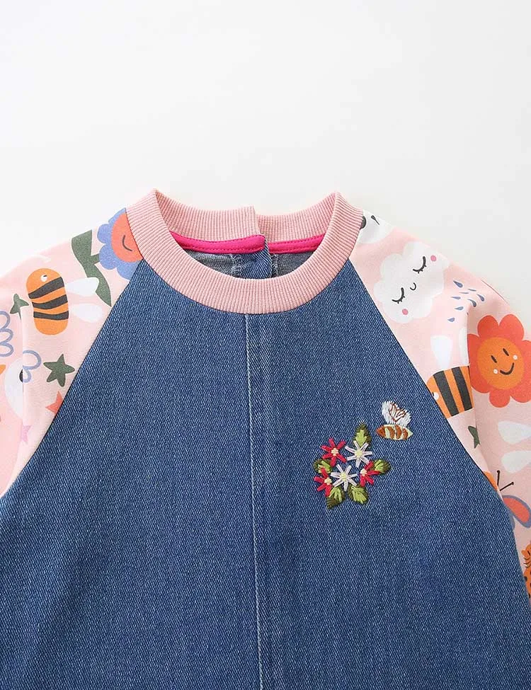 Denim Embroidered Long-sleeved Dress - Image 3