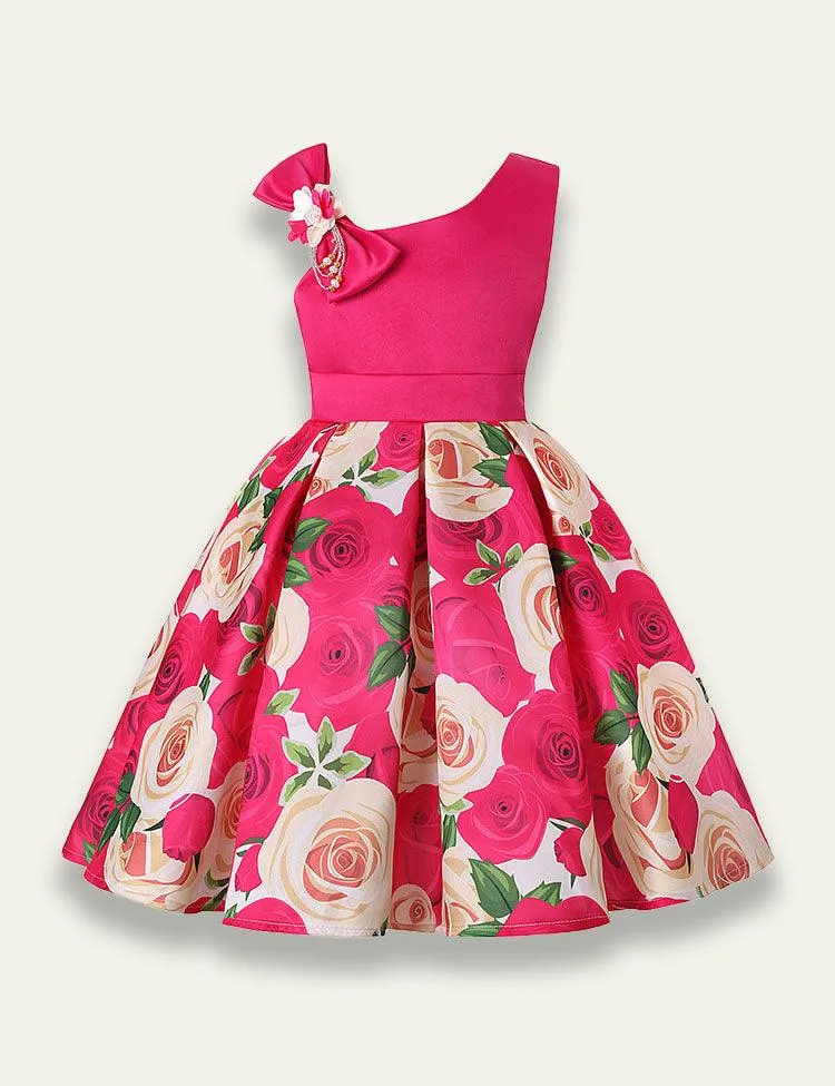 Diagonal Shoulder Rose Printed Party Dress - Image 5