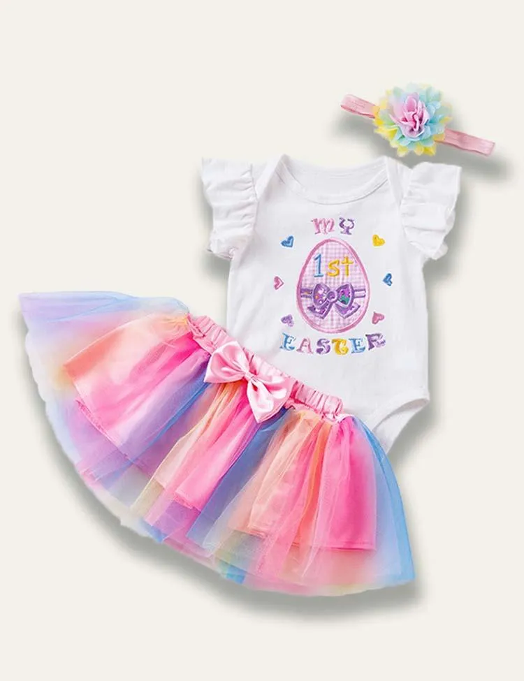 Easter Cartoon Bunny Egg Embroidered Pleated Romper+Rainbow Tulle Skirt - Image 2