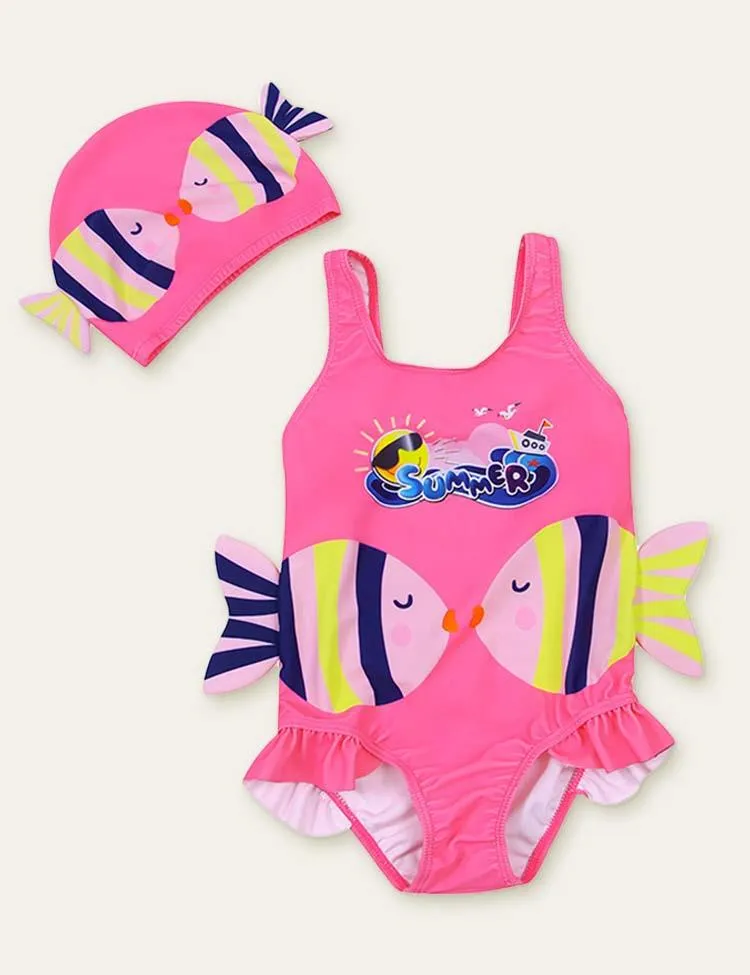 Fish Cute Printed Swimsuit + Swimming Cap - Image 3