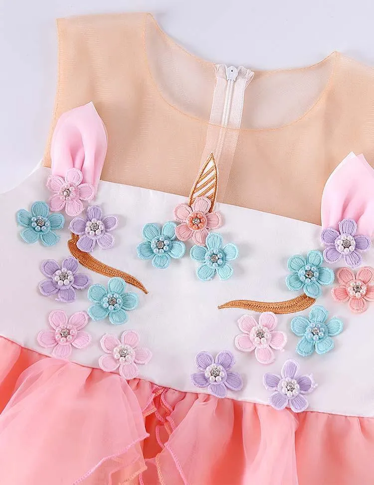 Floral Unicorn Mesh Party Dress - Image 3