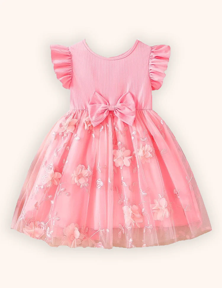 Flower Embroidered Tulle Bow Dress