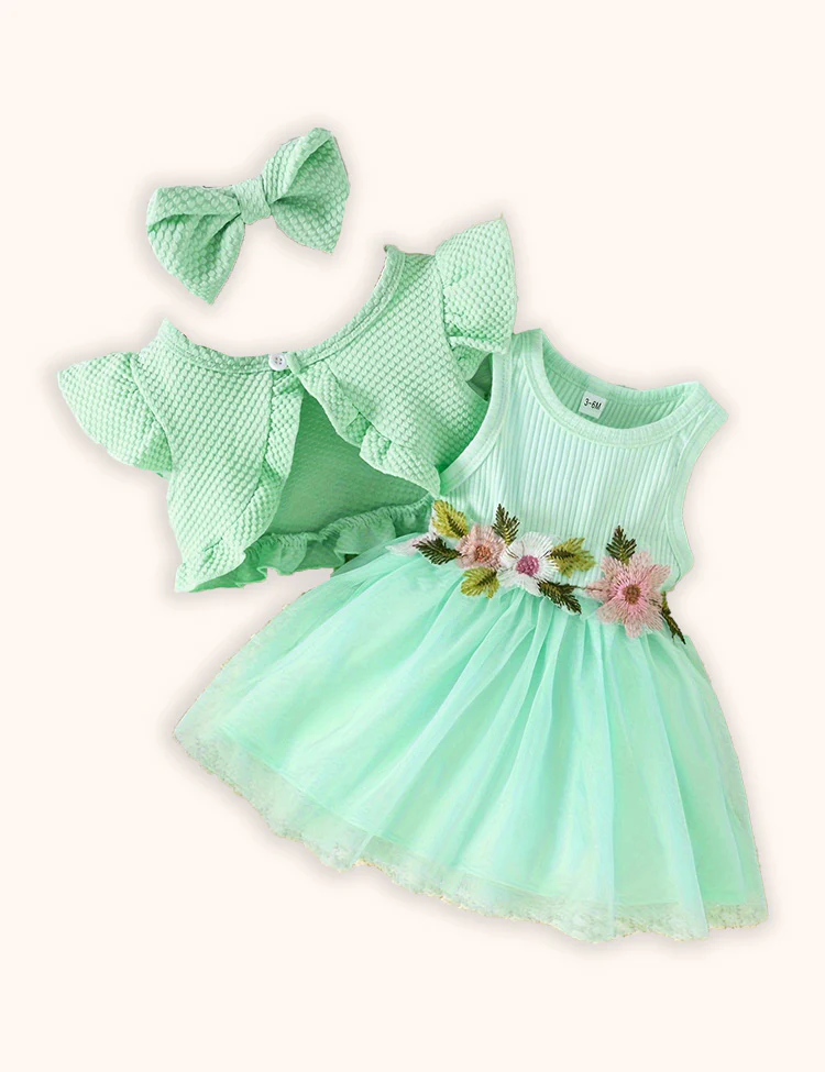 Flower Embroidered Tulle Dress + Knitted Coat Set - Image 3