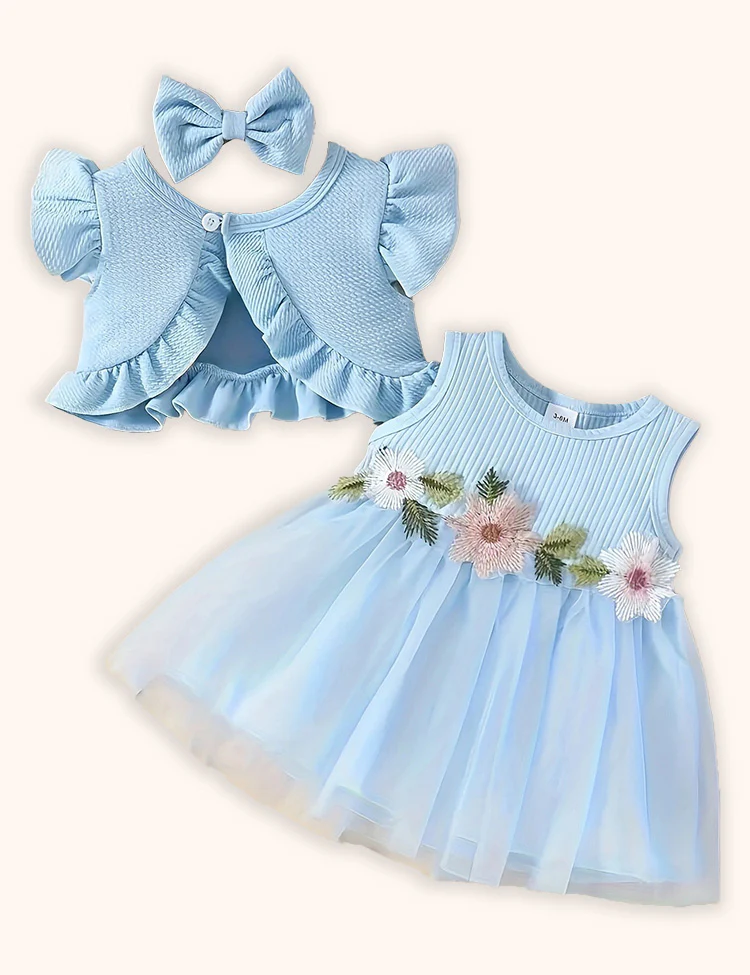 Flower Embroidered Tulle Dress + Knitted Coat Set - Image 6