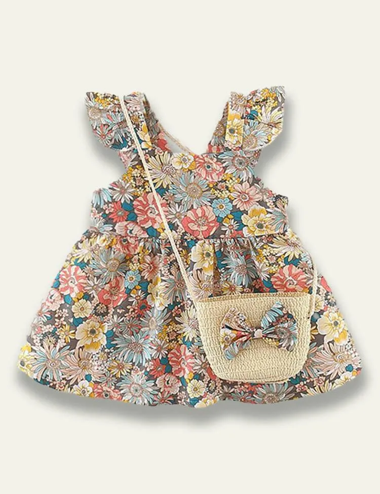 Flower Printed Sleeveless Dress+Floral Bow Bag