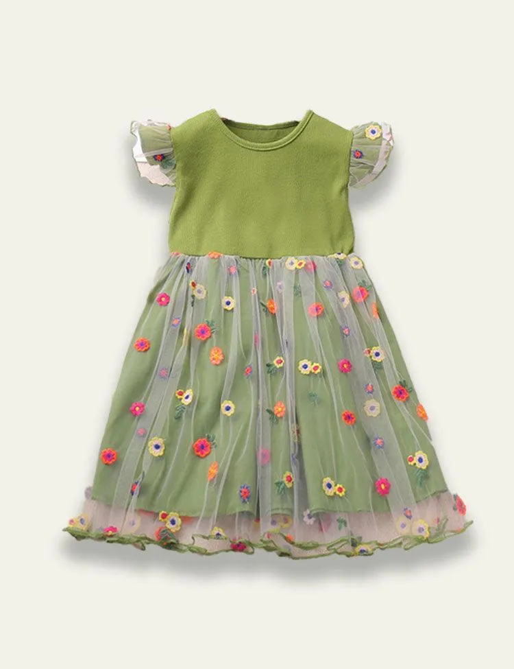 Flying Sleeve Embroidered Mesh Dress - Image 2