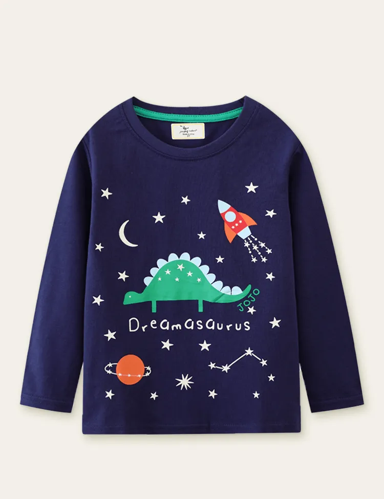 Glowing Dinosaur Rocket Printed Long Sleeve T-shirt - Image 2