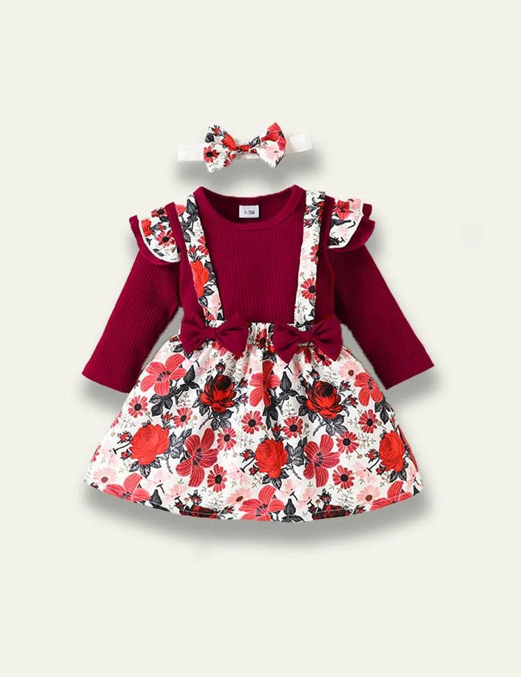 Long Sleeve Romper+Plant Fox Printed Bow Strap Dress - Image 14