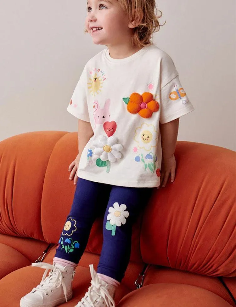 Navy Blue Flower Bee Embellished Leggings - Image 6