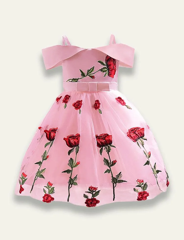 Off Shoulder Rose Embroidered Mesh Party Dress - Image 3
