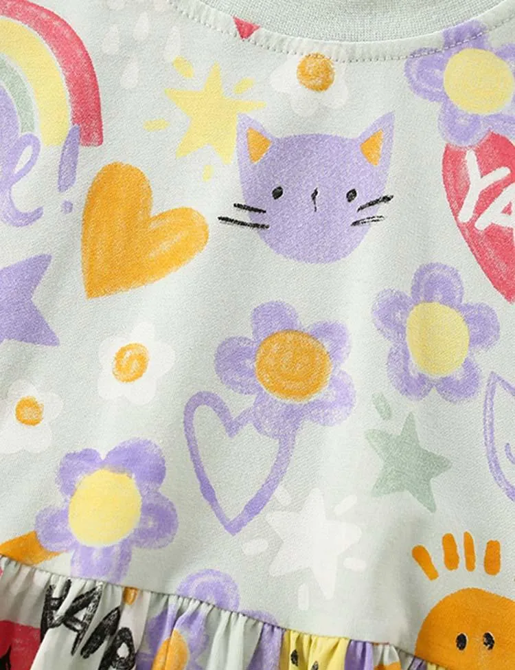 Rainbow Cartoon Full Printed Long Sleeve Dress - Image 2