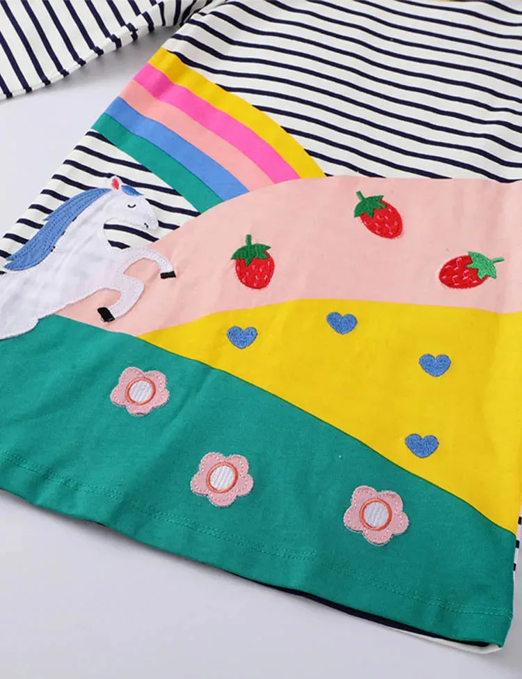Rainbow Unicorn Appliqué Striped Dress - Image 2
