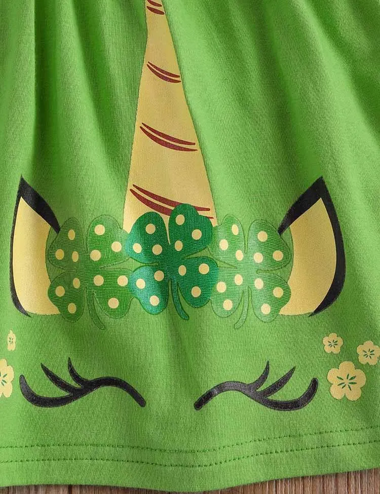 St. Patrick's Day Cartoon Unicorn Long Sleeve Dress+Clover Leggings - Image 3