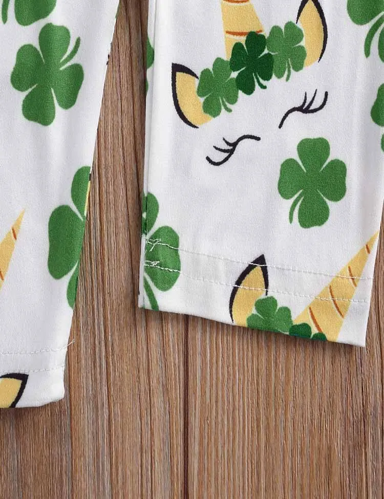 St. Patrick's Day Cartoon Unicorn Long Sleeve Dress+Clover Leggings - Image 4