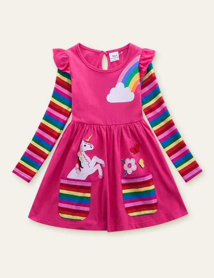 Unicorn Flowers Appliqué Rainbow Long Sleeve Dress - Image 4