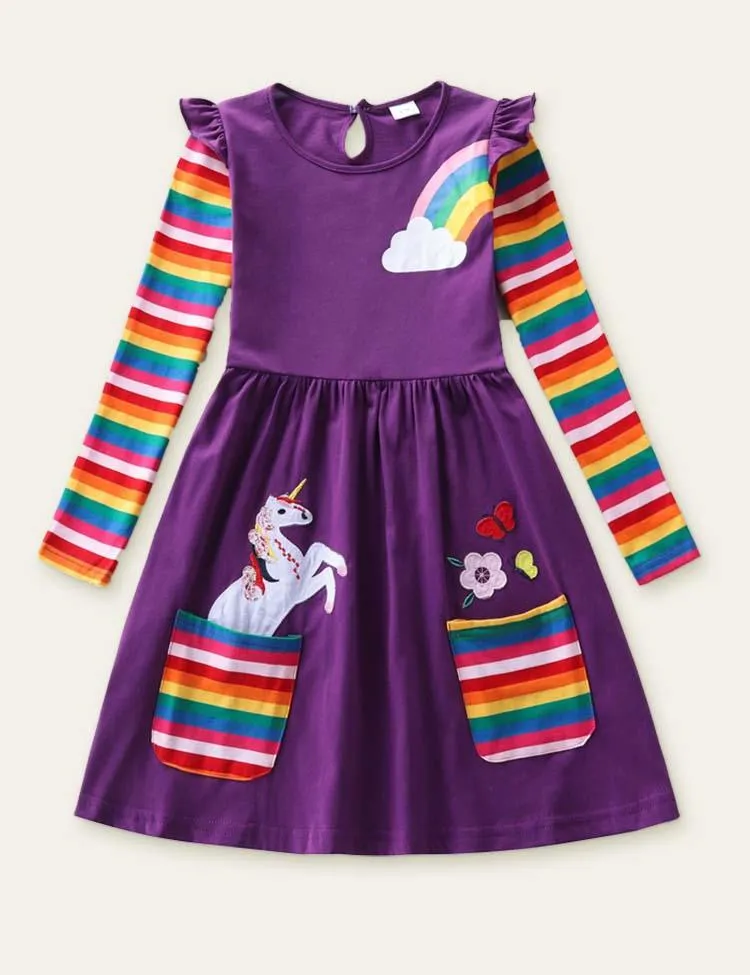 Unicorn Flowers Appliqué Rainbow Long Sleeve Dress - Image 6