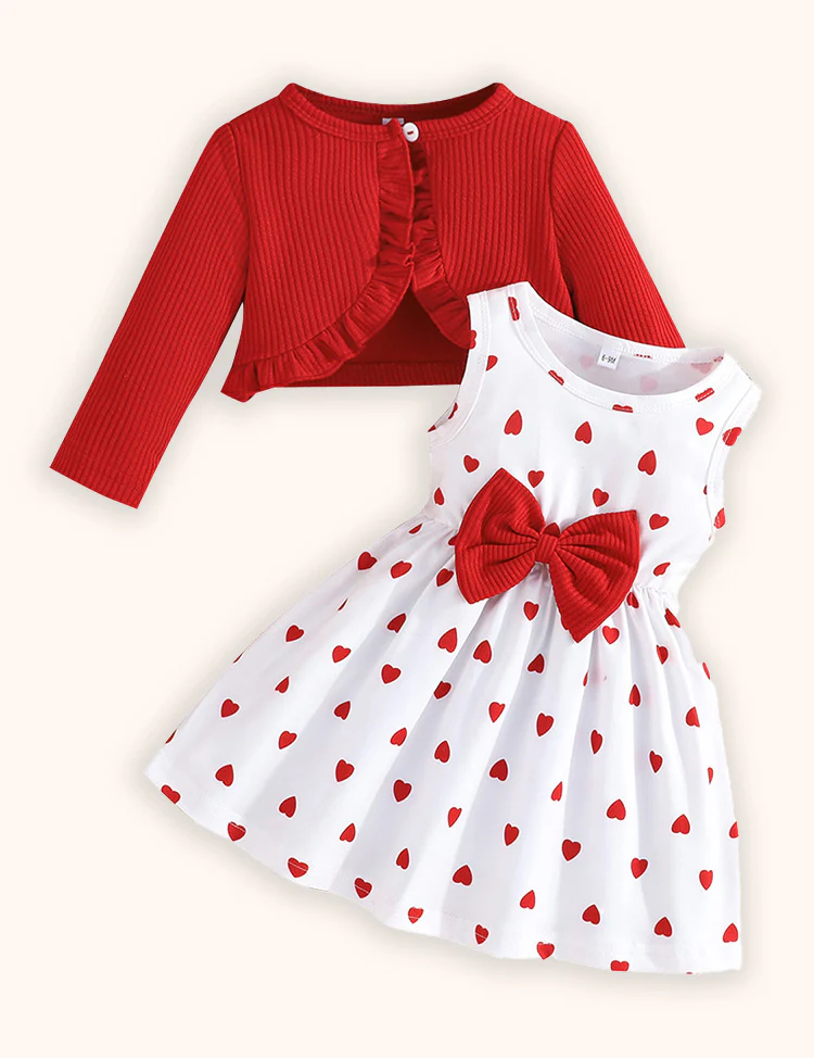 Valentine's Day Long-sleeved Coat and Love Print Vest Dress Set
