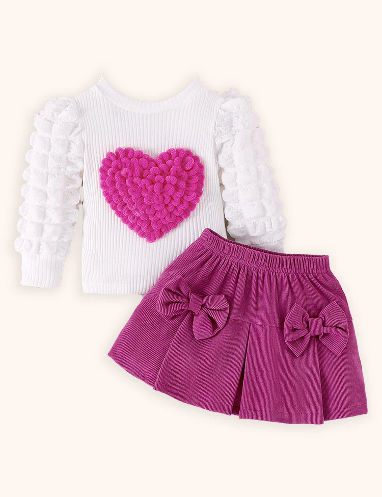 Valentine's Day Love Bubble Sleeve Top + Bow Skirt Set - Image 2